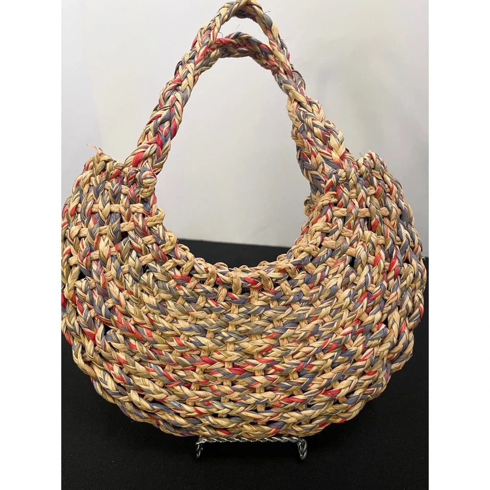 Woven Straw Hobo Bag Multi-Color Braided Raffia Flower Accent Summer Handbag